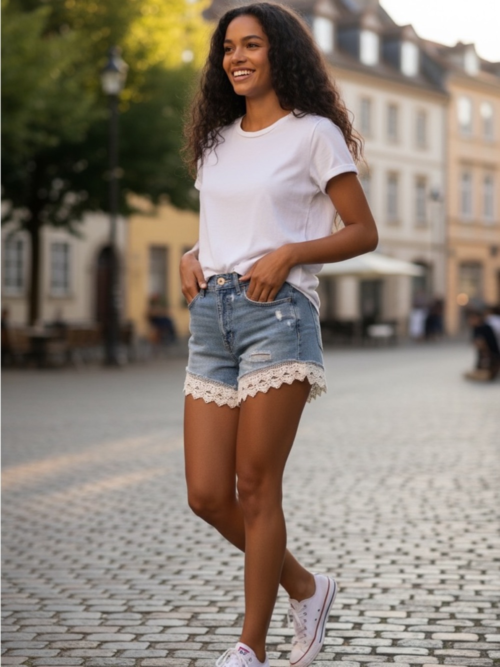 Free People Denim Shorts Womens 27 Lace Trim Distressed Boho Cutoff